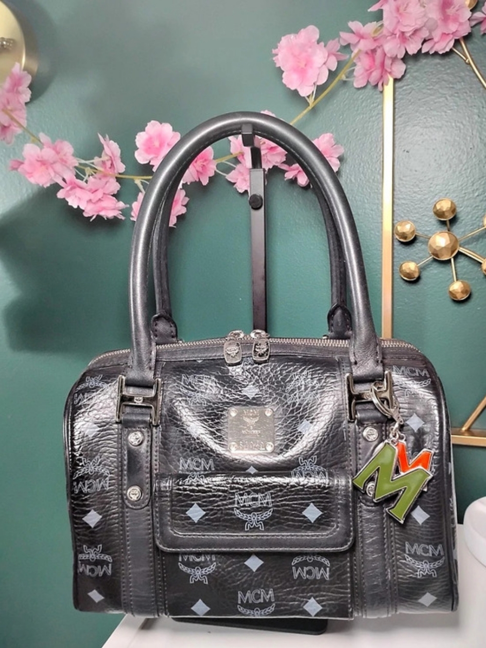 MCM Visetos Monogram Boston Bag Black Satchel